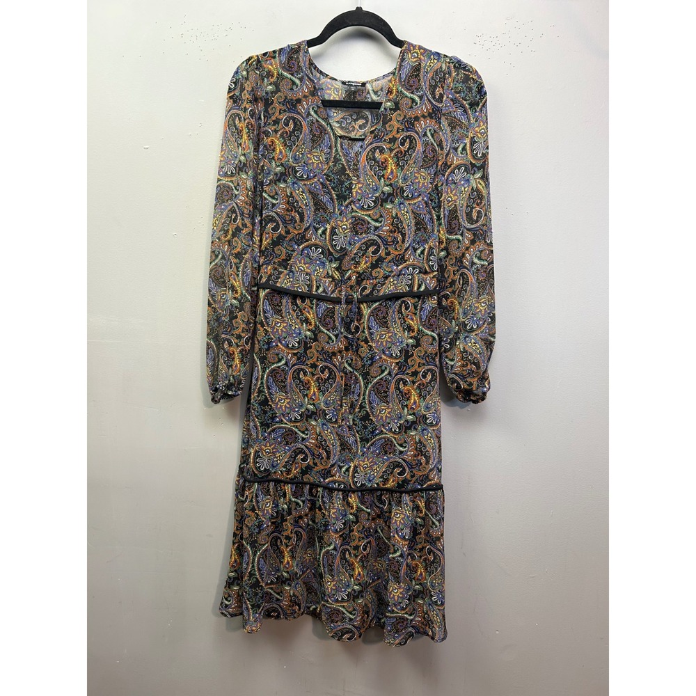 Express Dress Womens XS Multicolor Paisley Long Sleeve Tiered‎ Boho Midi Chiffon